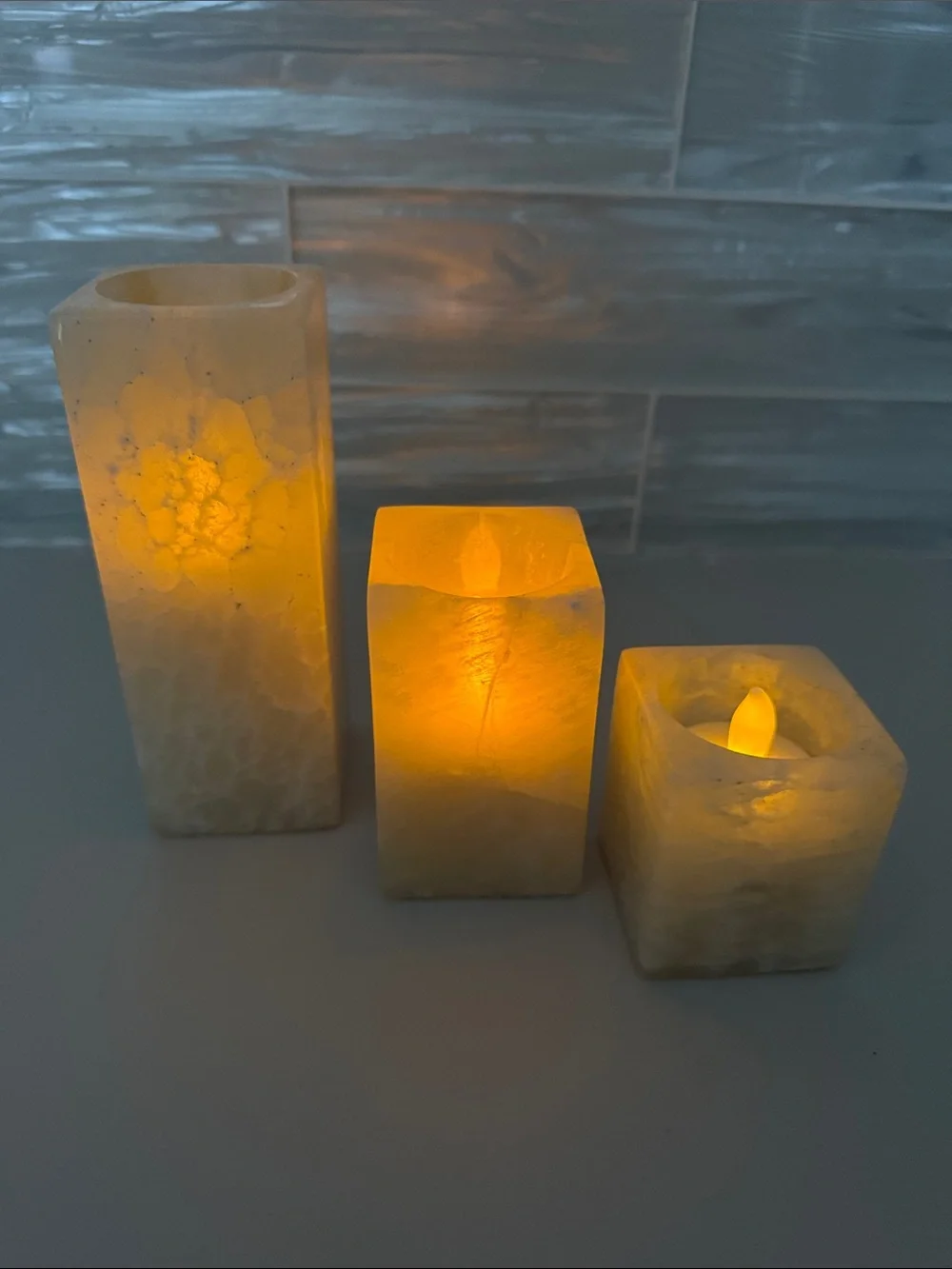 Ivory Stone-Look LED Pillar Candle Set